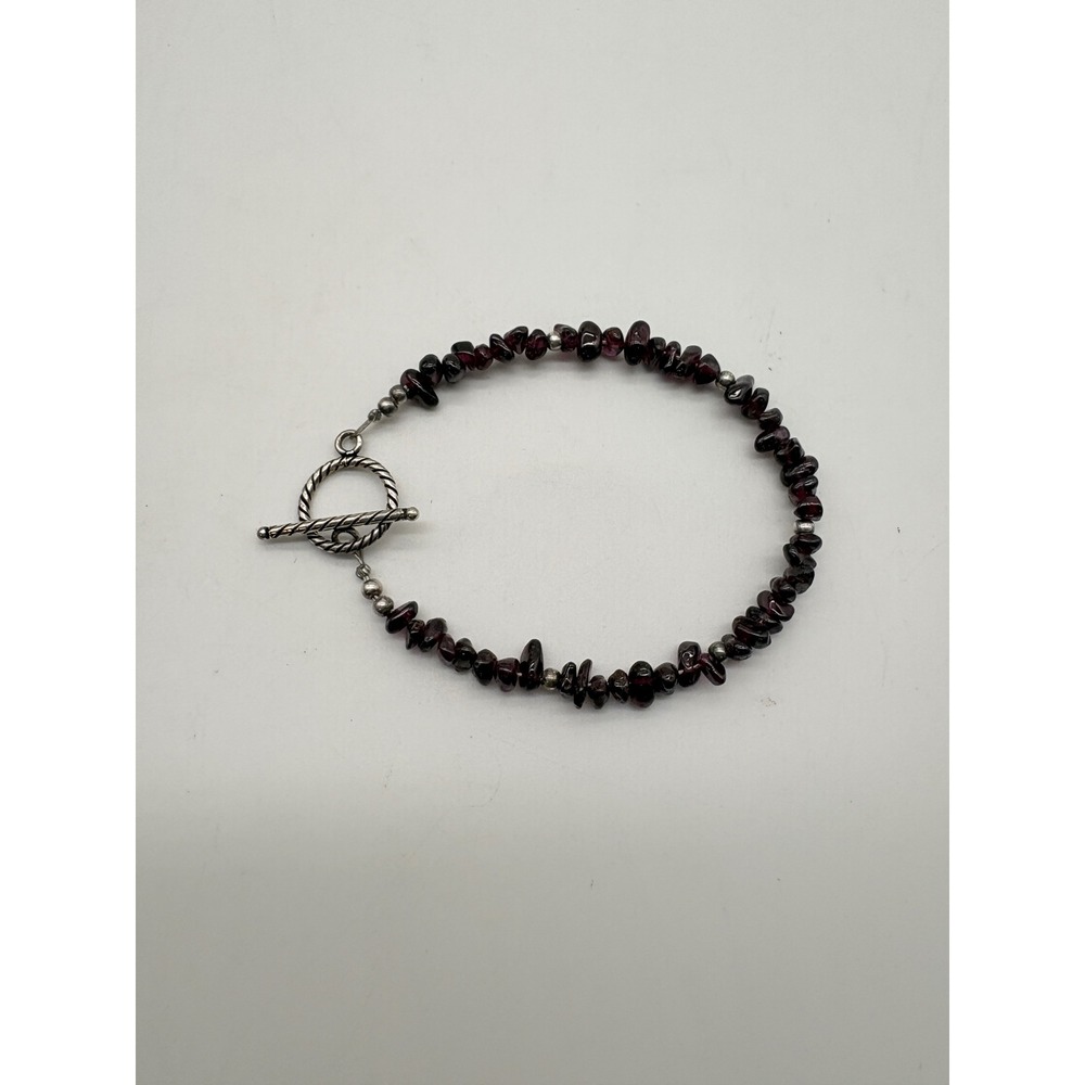 Natural Garnet Chip Bead Bracelet Silver Tone Toggle Clasp 7 Inch Deep Red Boho